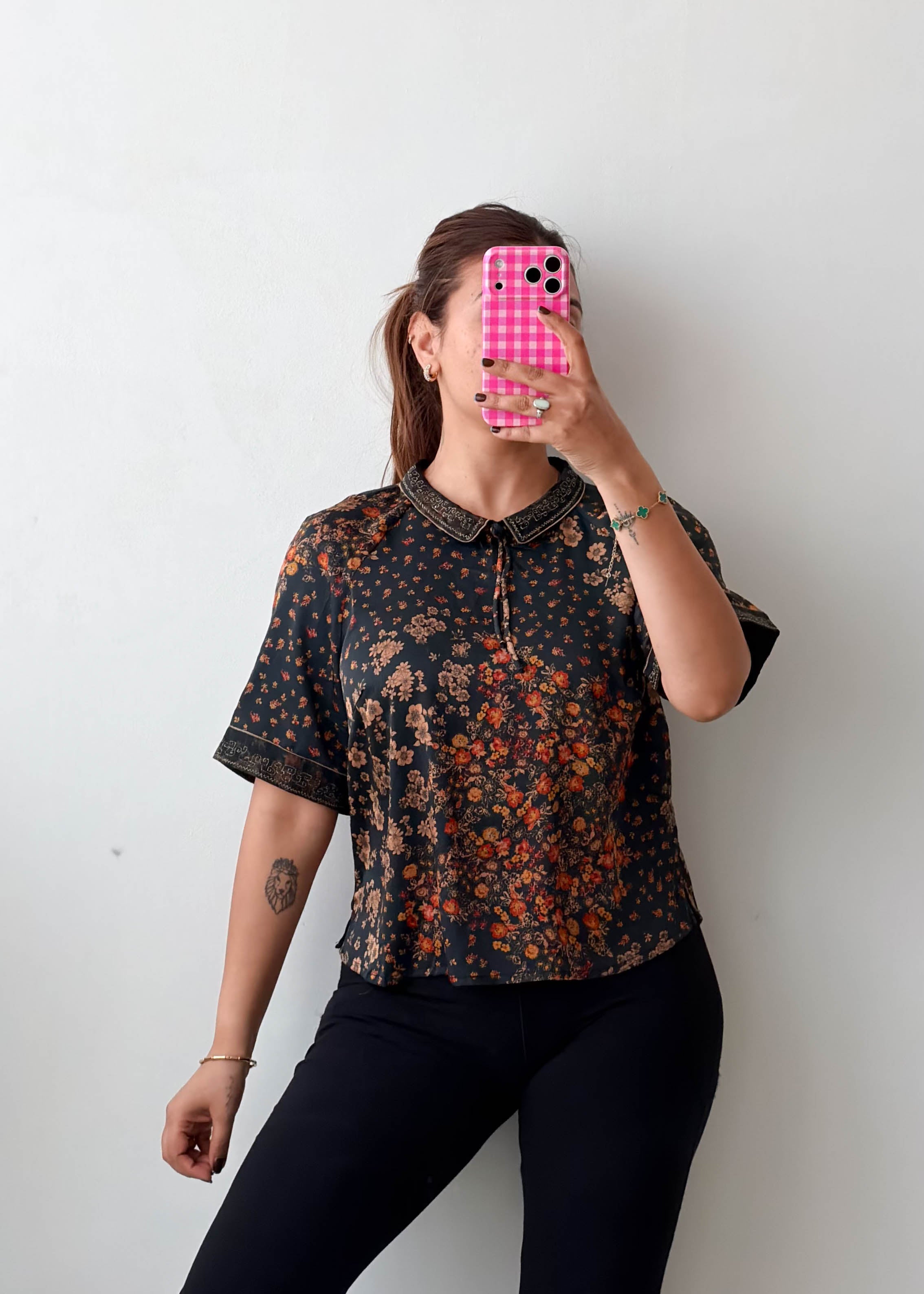 Size XS-S Black Brown Floral Peplum Top
