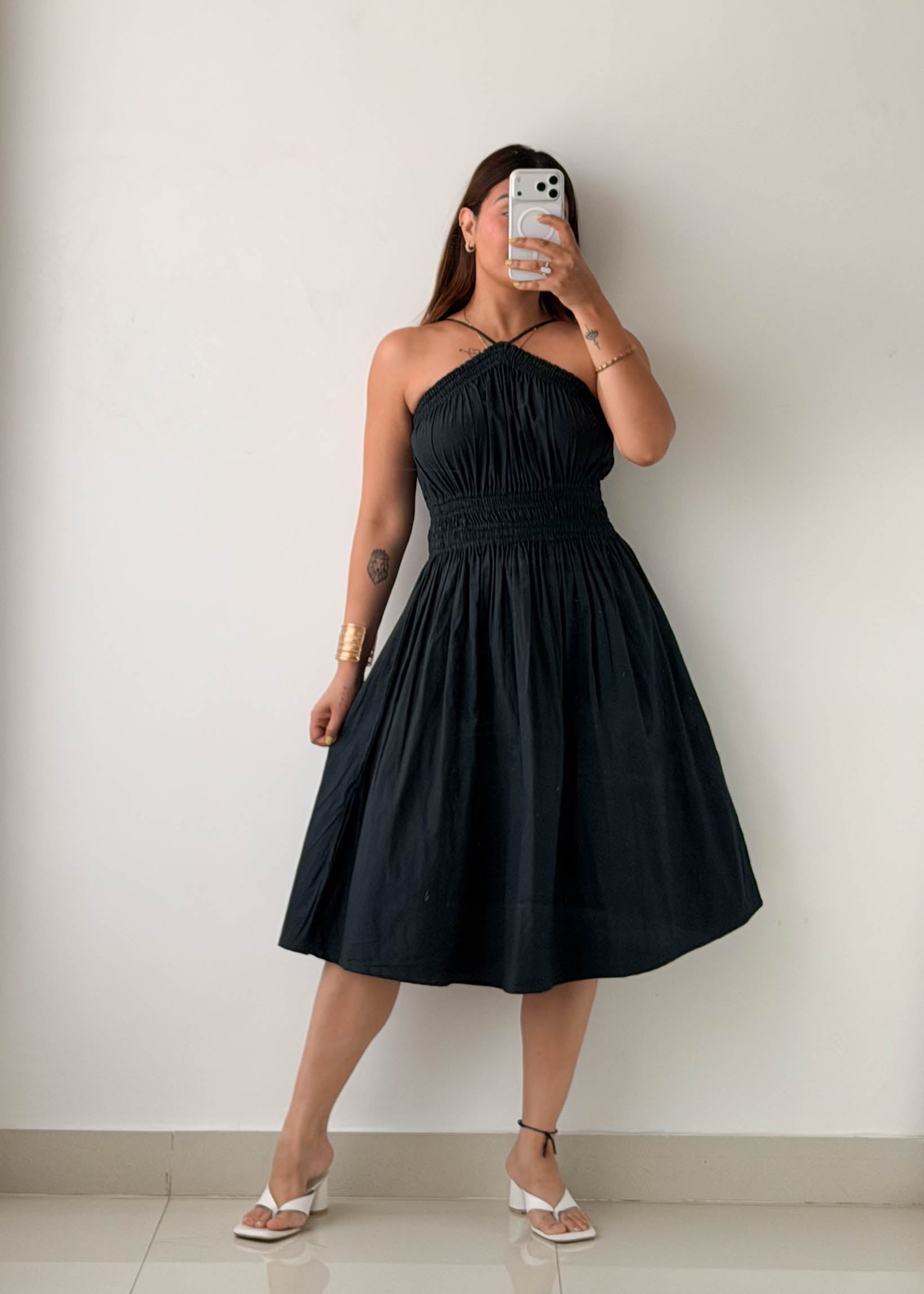 Size S-M Black Halter Smocked Midi Dress