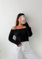 Size M-L Black Off-Shoulder Ribbed Top