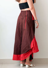 Waist 33-34 Red & Brown Wrap Maxi Skirt