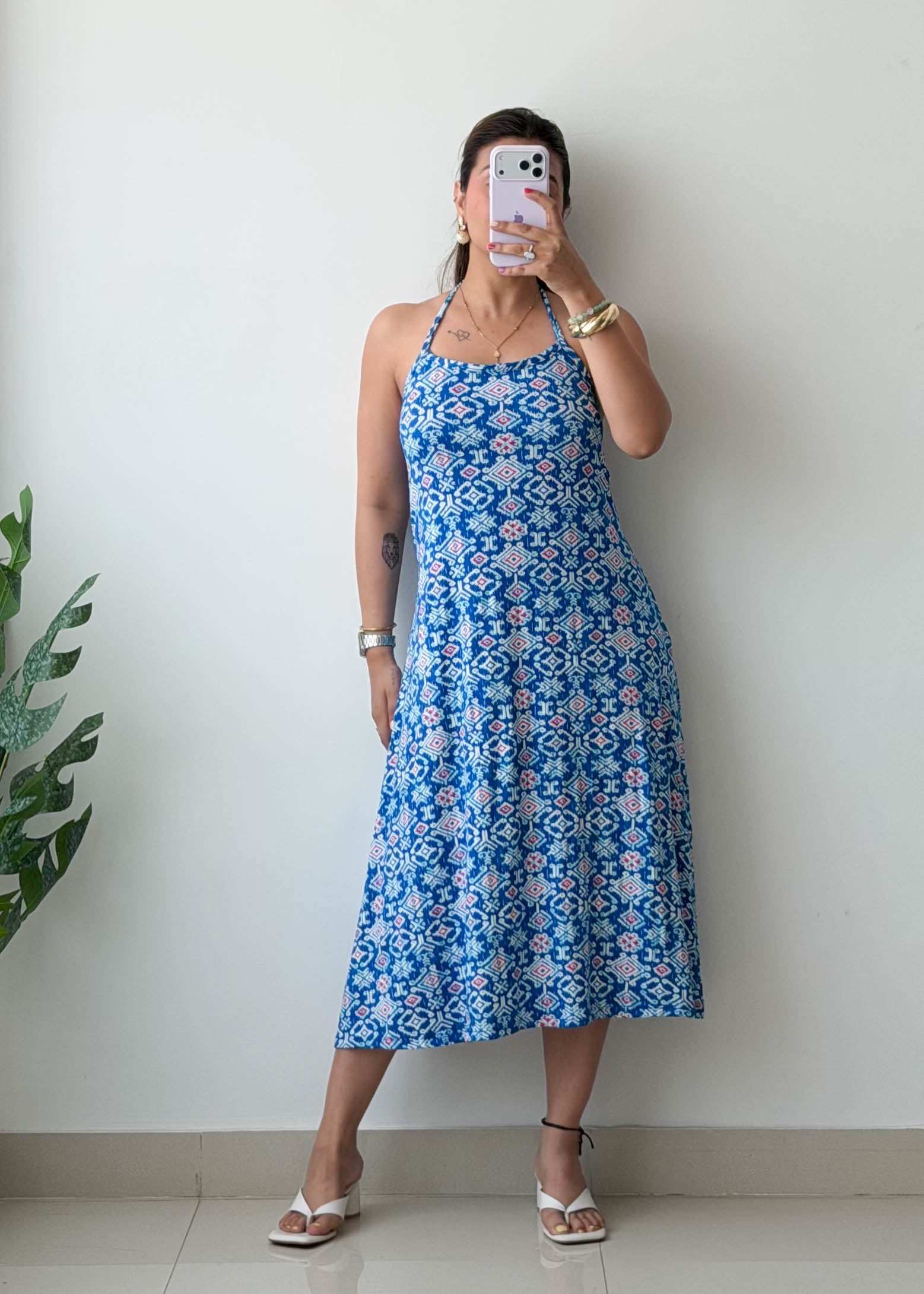 L-XL Blue Printed Midi Dress
