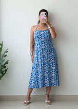 L-XL Blue Printed Midi Dress