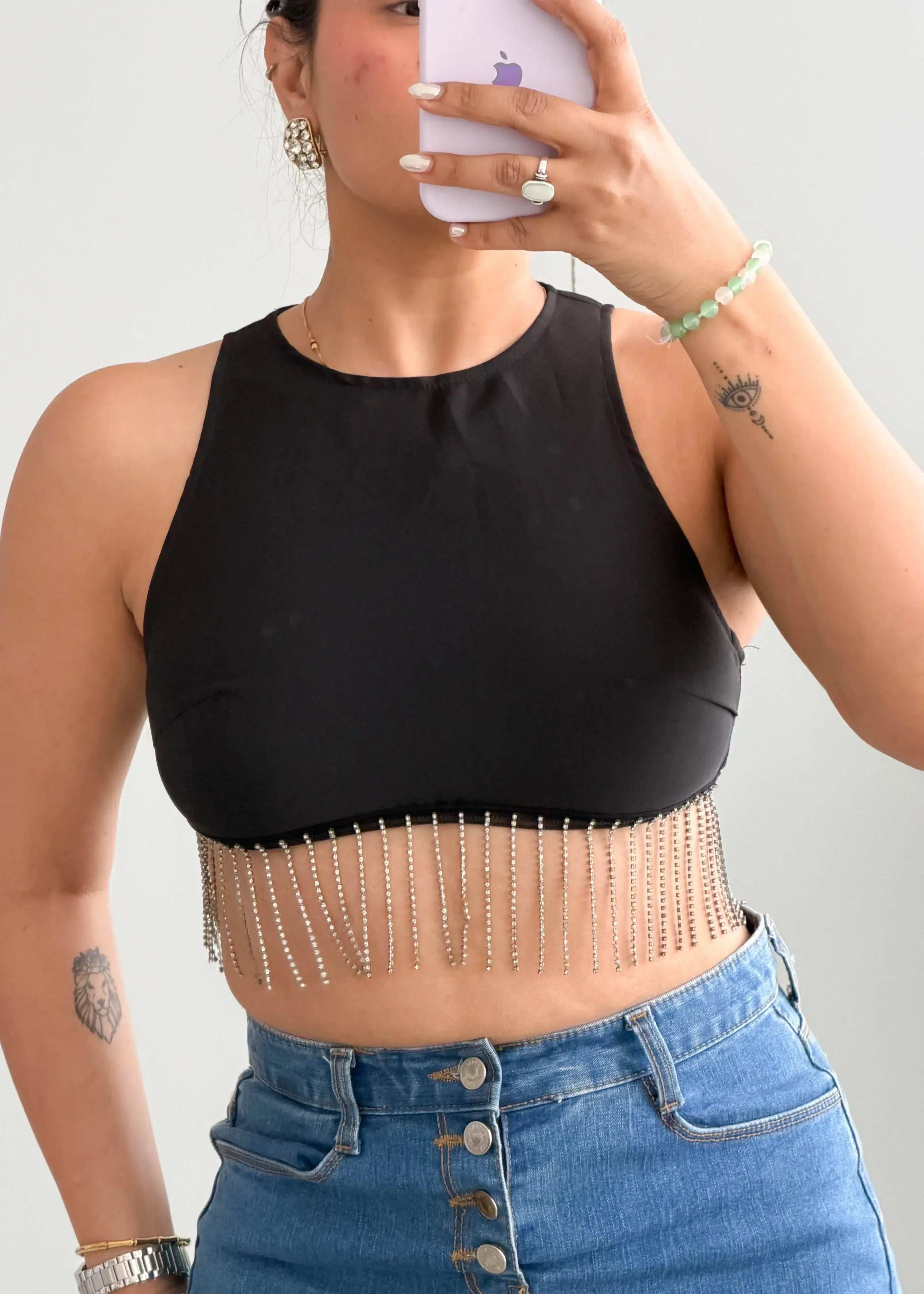 Size XS-S, Black Fringe Hem Crop Top - Closet by Payal