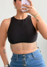 Size XS-S, Black Fringe Hem Crop Top - Closet by Payal