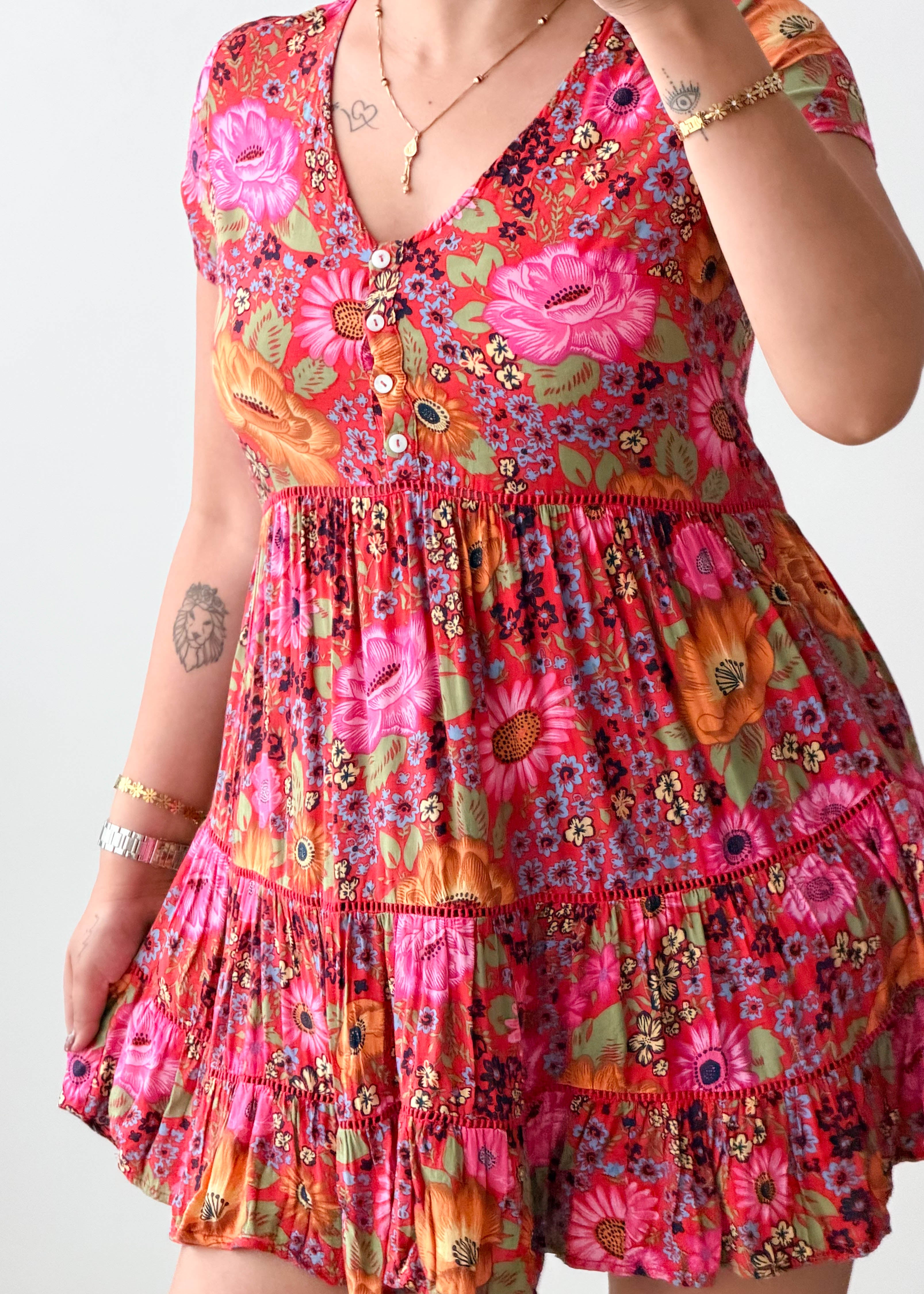 Size XS-S Pink Floral Tiered Mini Dress