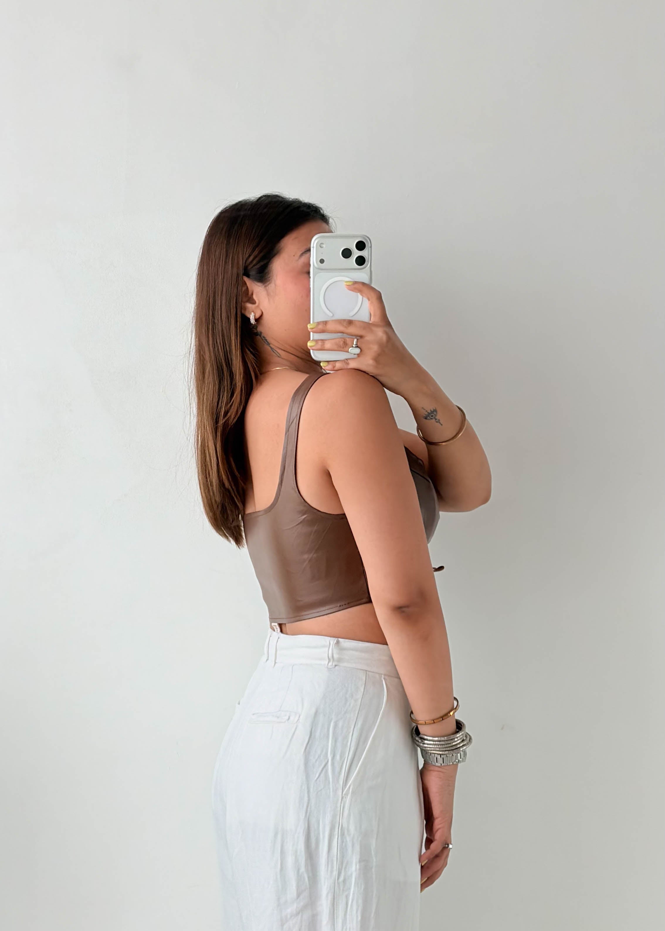Size S-M Brown Lace-Up Faux Leather Top