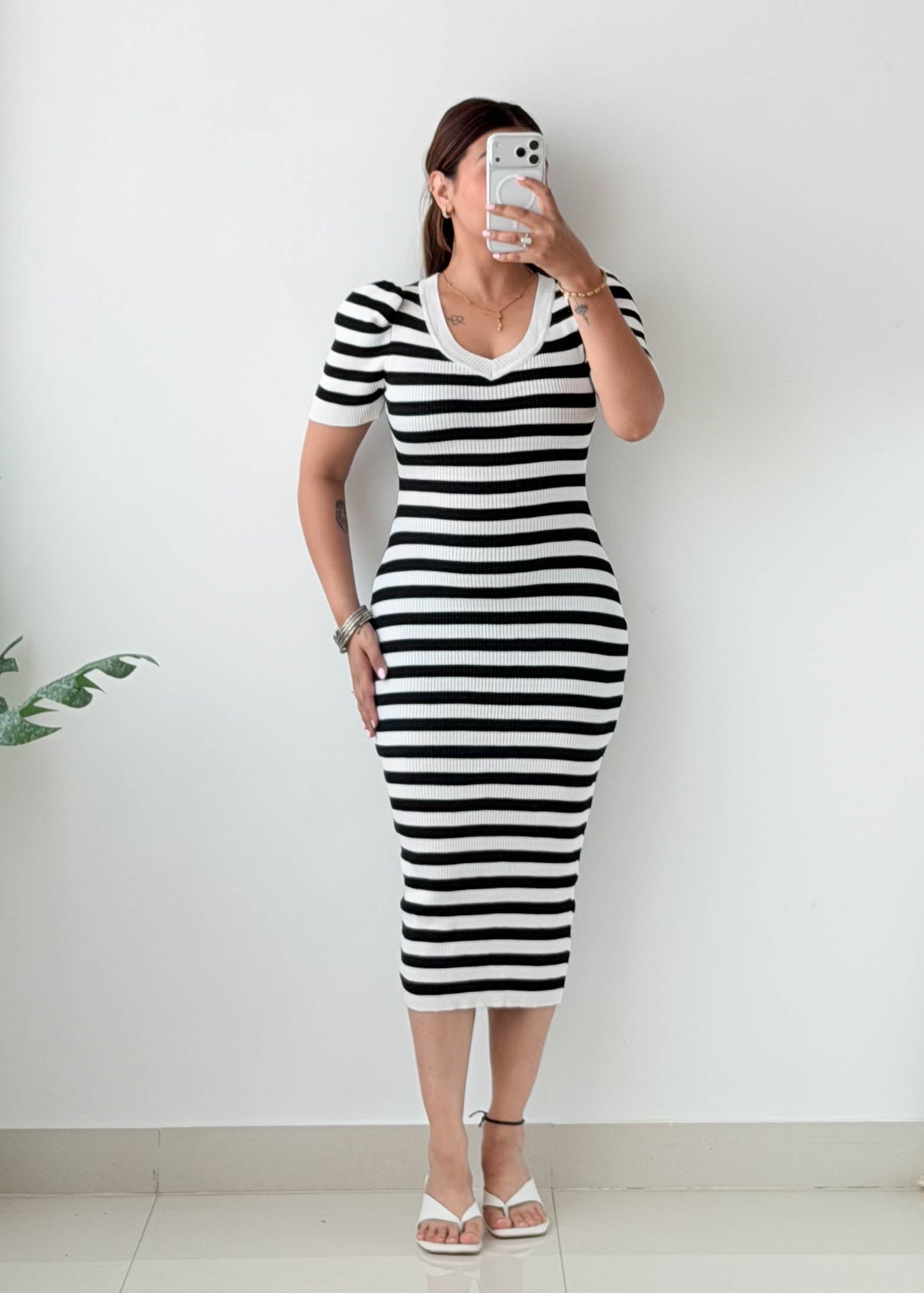 Size XS-M Black Striped Ribbed Midi Dress
