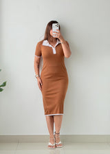 Size S-M Camel Contrast Collar Ribbed Knit Midi Dress
