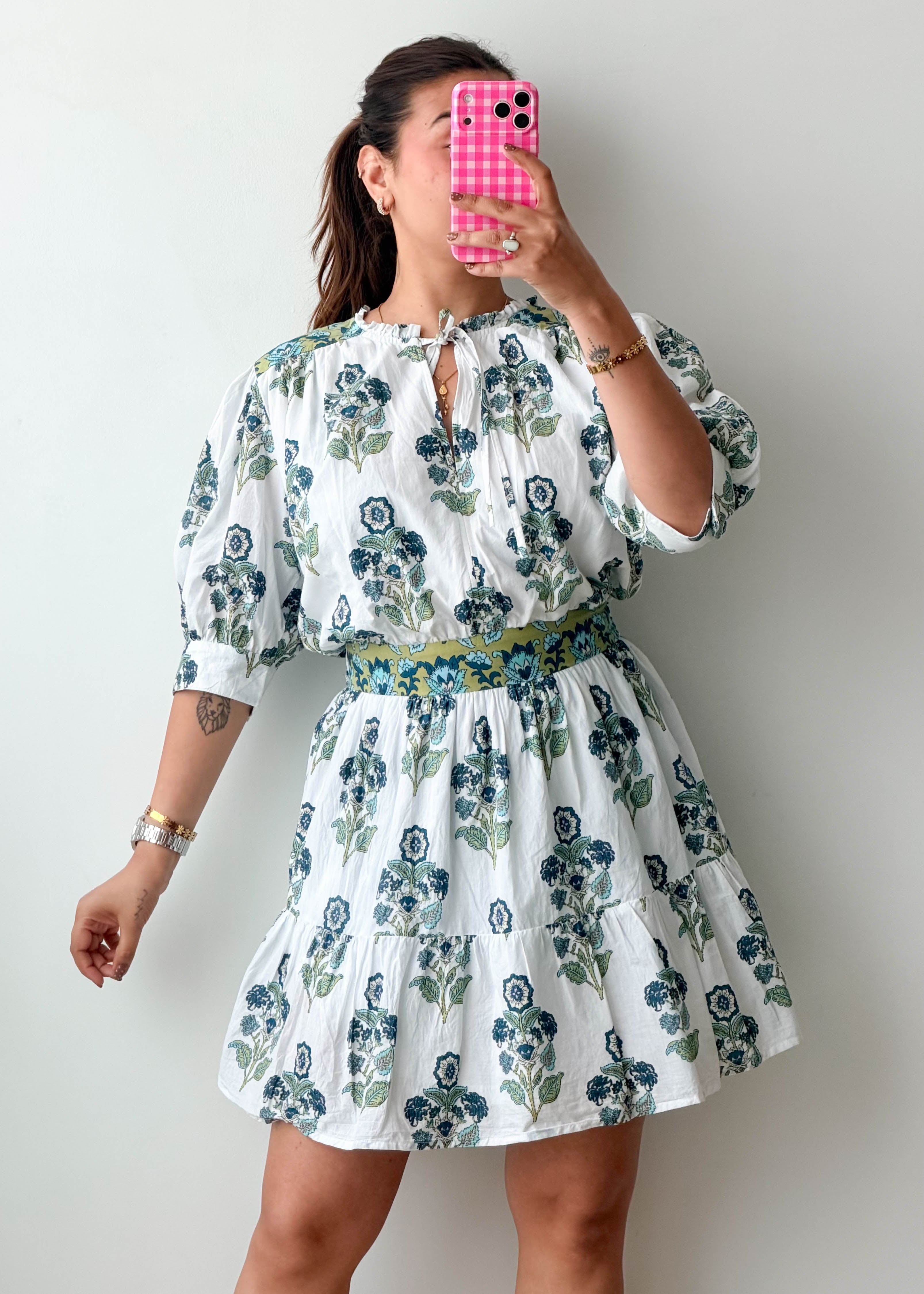 Size M-L White & Sage Floral Tiered Mini Dress