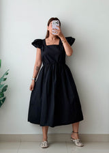 Size M-L Black Puff Sleeve Midi Dress