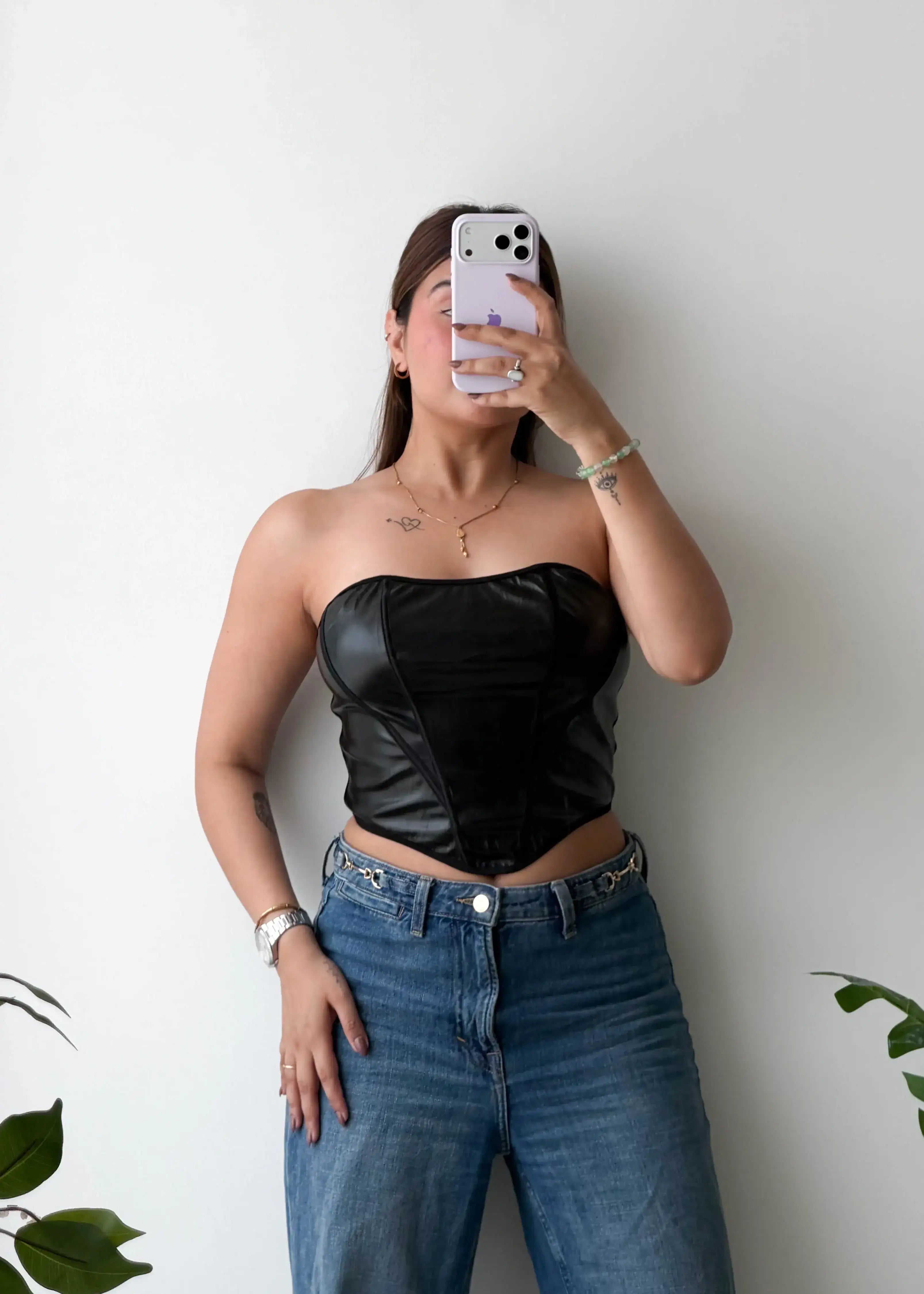 SIZE M-L, Black Faux Leather Corset Top
