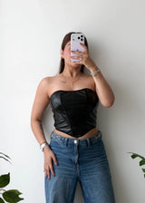 SIZE M-L, Black Faux Leather Corset Top