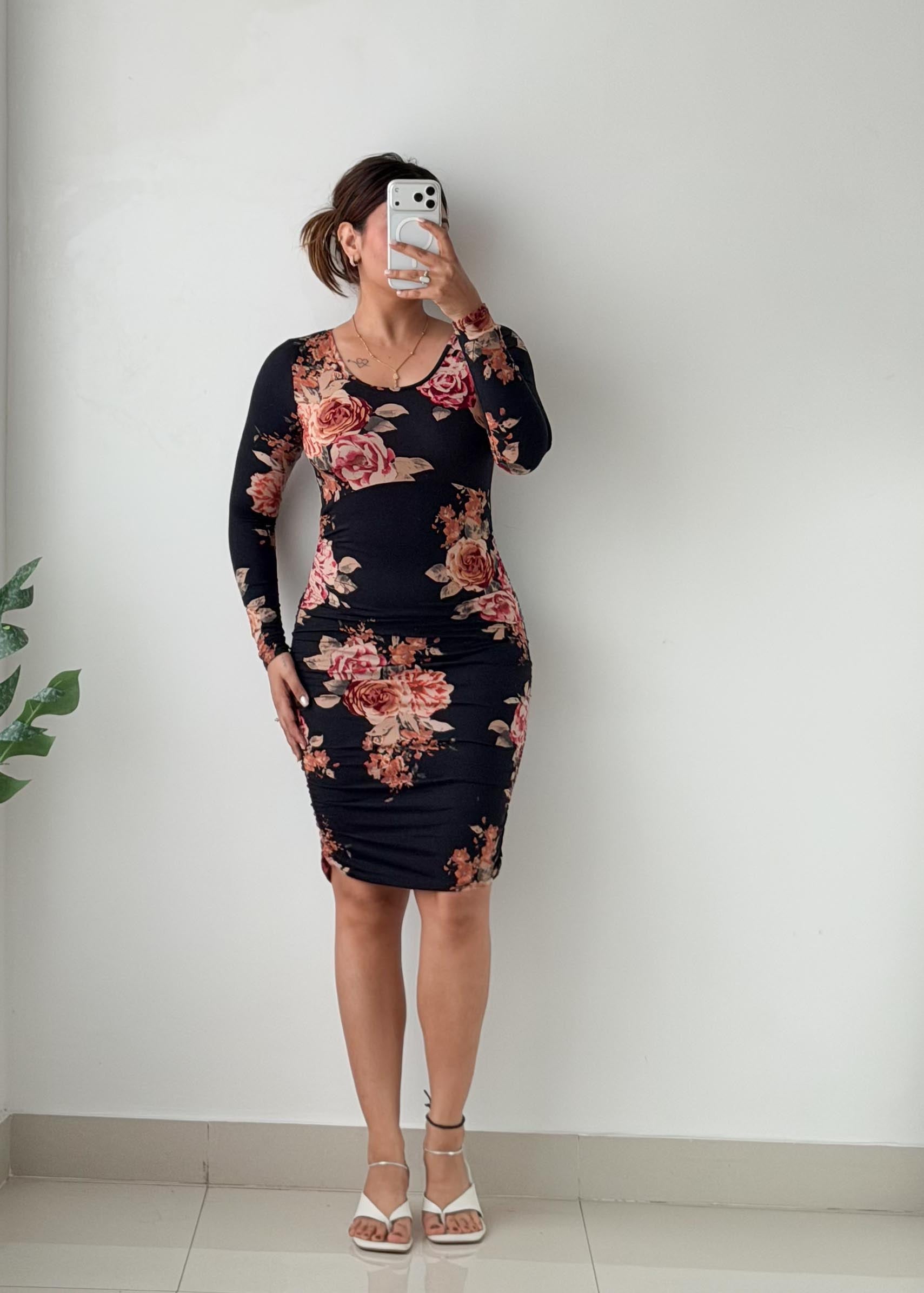 Size S-M Black Floral Ruched Midi Dress