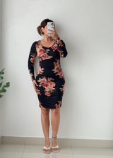 Size S-M Black Floral Ruched Midi Dress