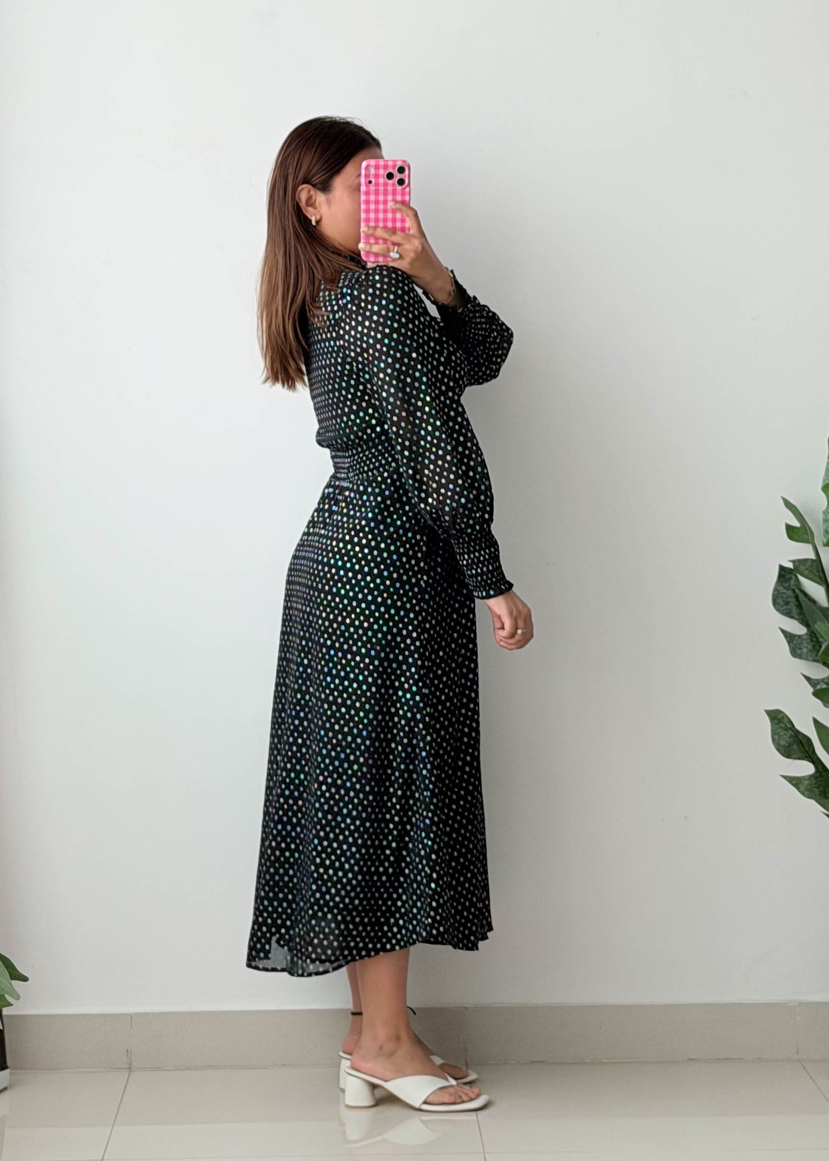 Size XS-S Black Polka Dot Midi Dress