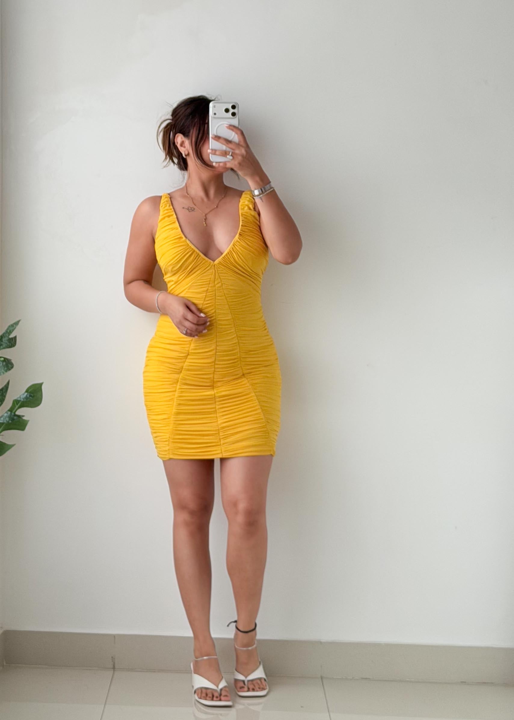 Size XS-S Yellow Ruched Mini Dress