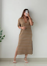 Size M-L Brown Stripe Collared Knit Maxi Dress
