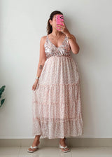 Size M-L Blush Pink Floral Tiered Maxi Dress