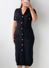 Size S-M Black Button-Front Bodycon Midi Dress