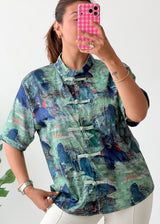 Size M-L Blue Oriental Frog Button Shirt