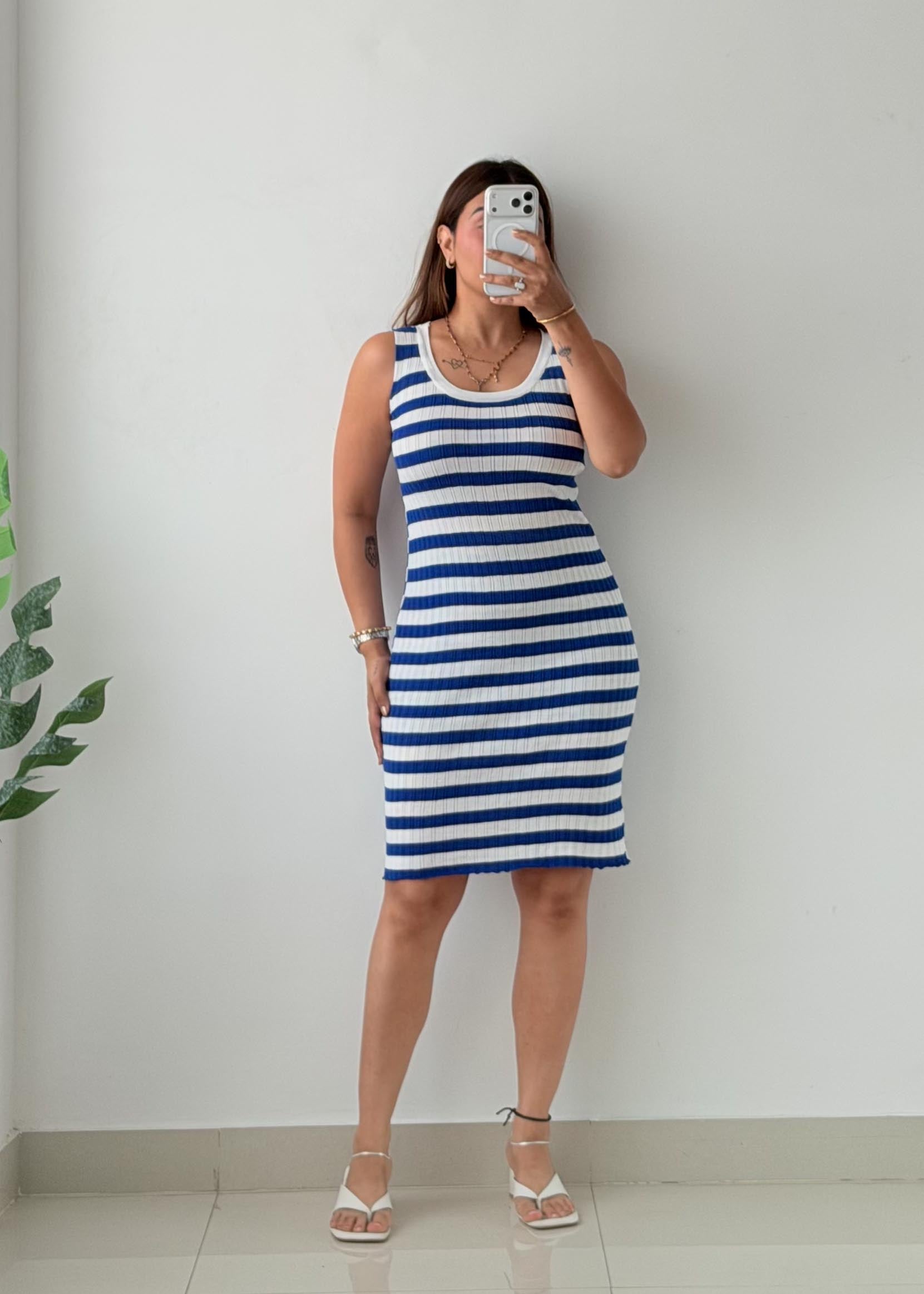 Size S-M Blue & White Stripe Ribbed Knit Midi Dress