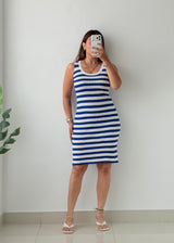 Size S-M Blue & White Stripe Ribbed Knit Midi Dress