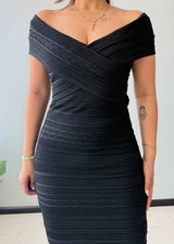 Size XS-S, Black Off-Shoulder Ruched Midi Dress - Closet by Payal