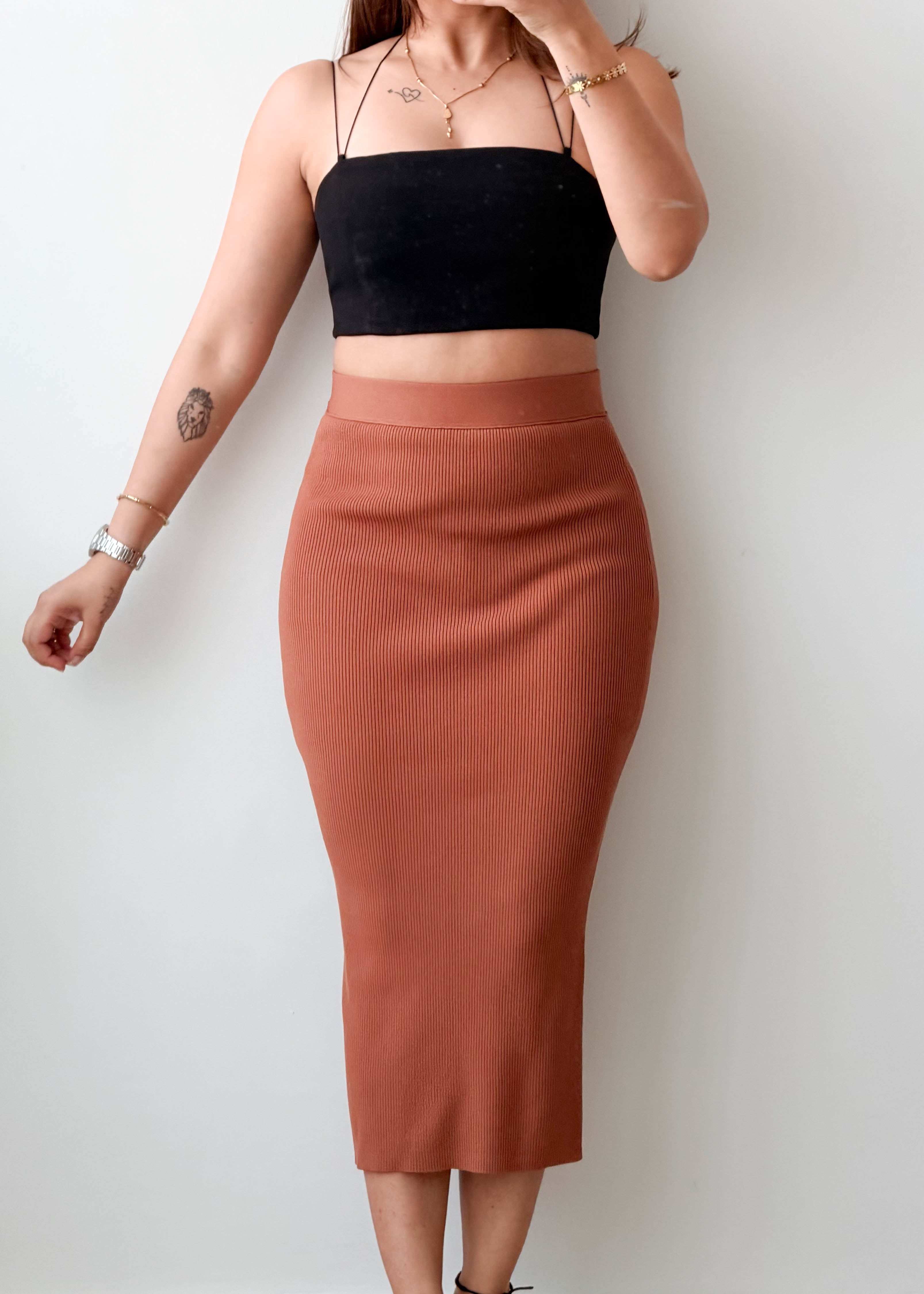 Waist 28-30 Brown Ribbed Midi Skirt