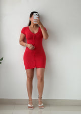 Size XS-M Red Ribbed Button-Front Bodycon Mini Dress