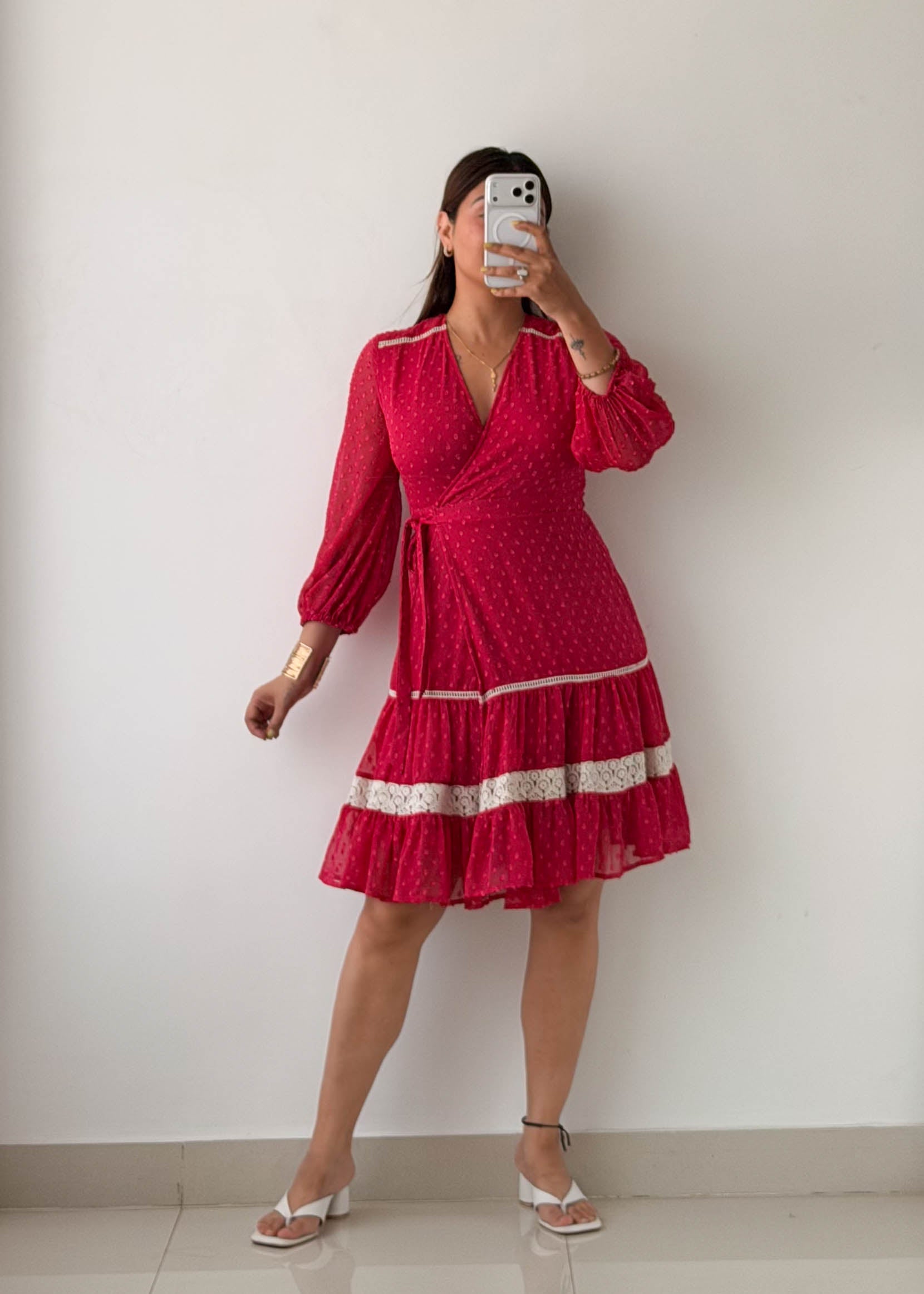 Size XS-S Fuchsia Polka Dot Wrap Mini Dress