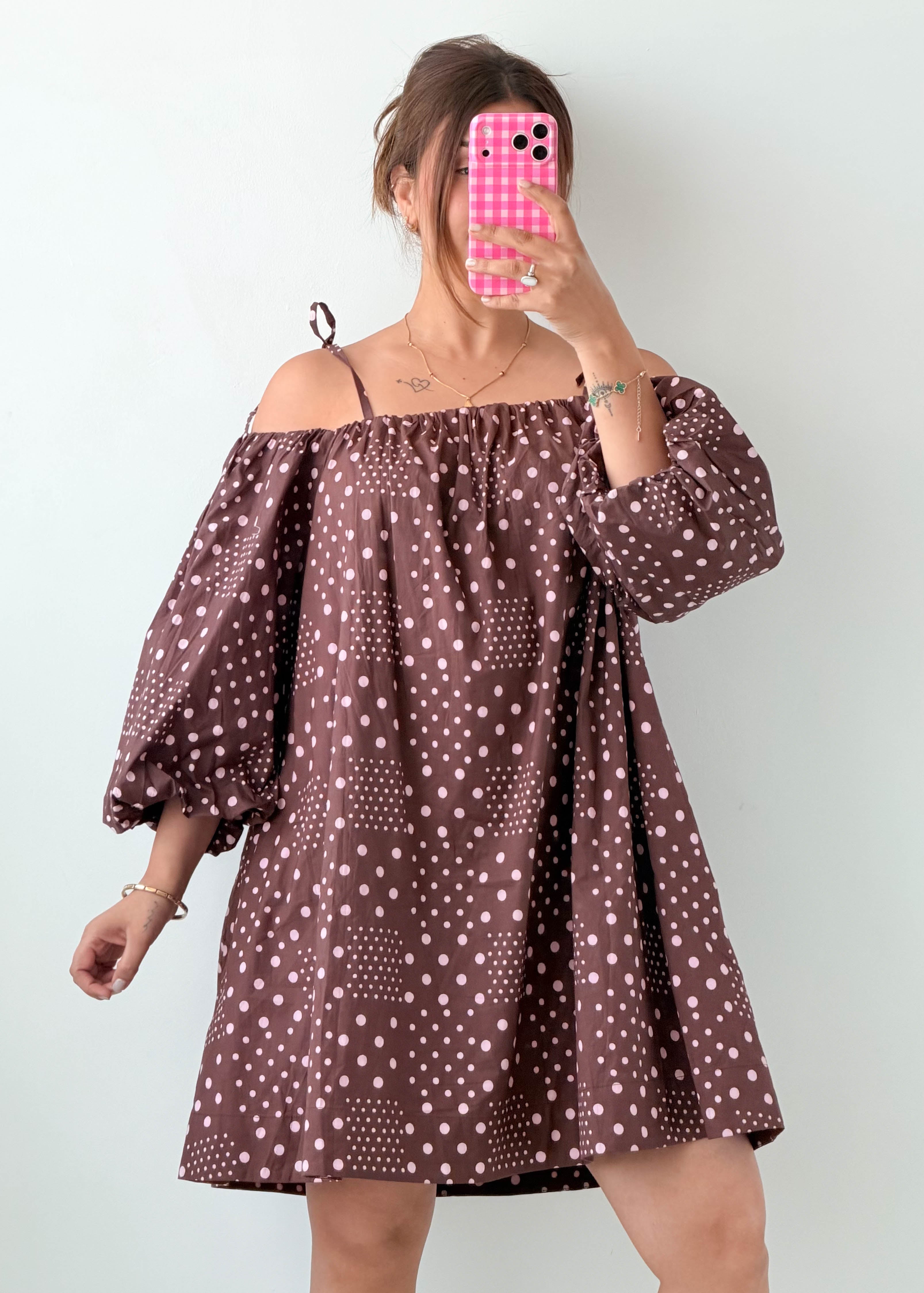 Size XS-S Brown Polka Dot Off-Shoulder Dress