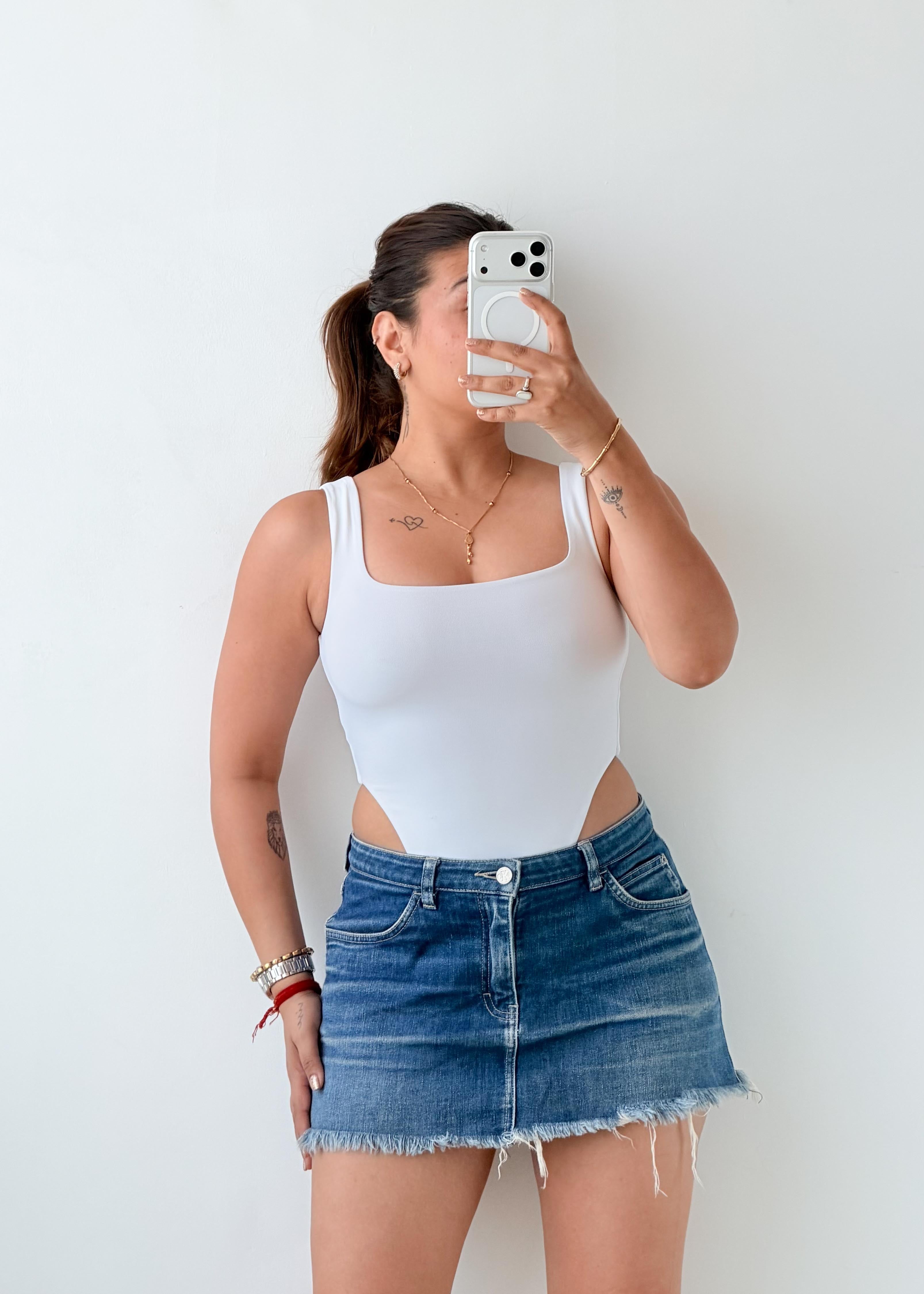 Size XS White Square Neck Cut-Out Bodysuit