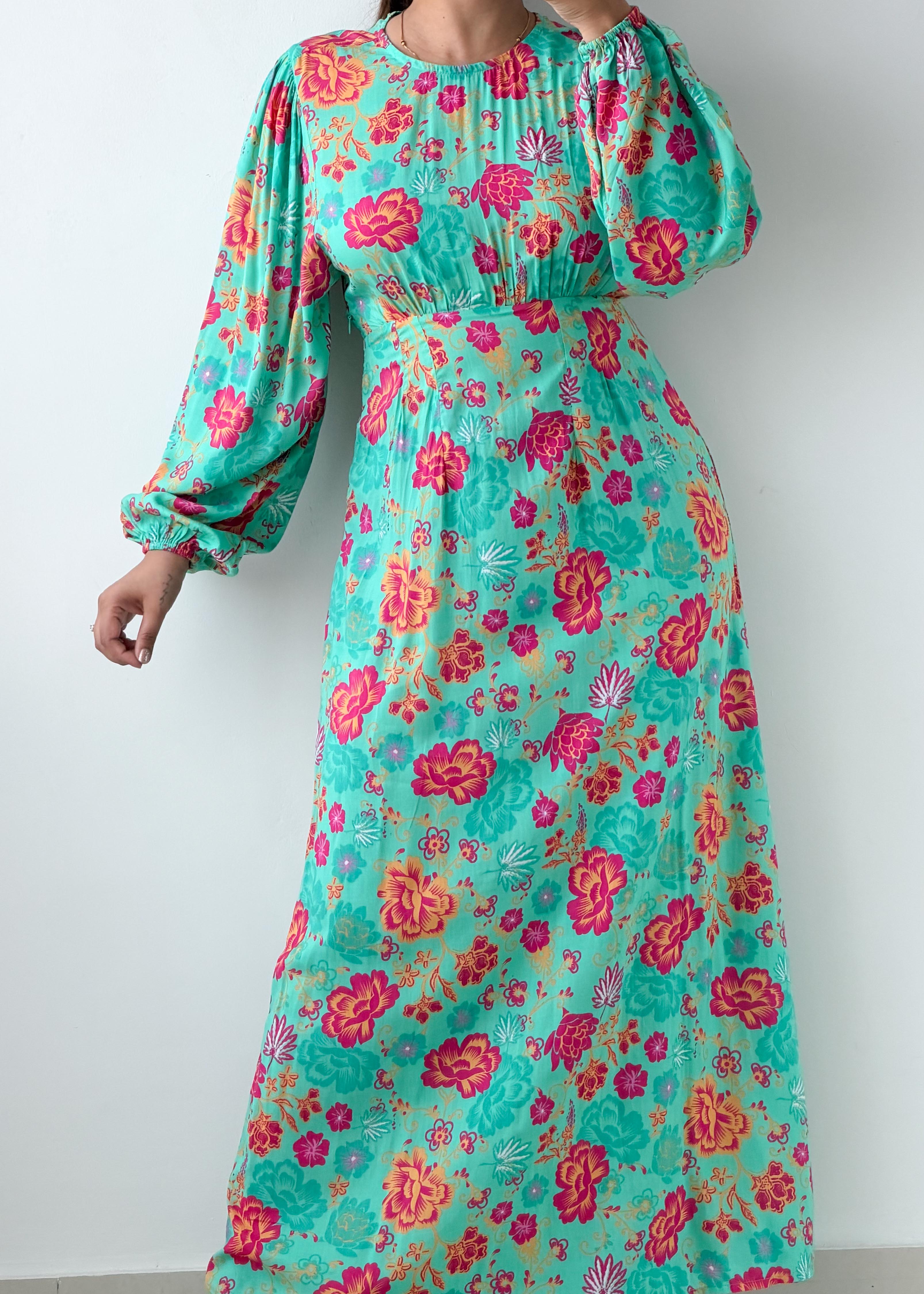 Size XS-S Aqua Floral Print Maxi Dress