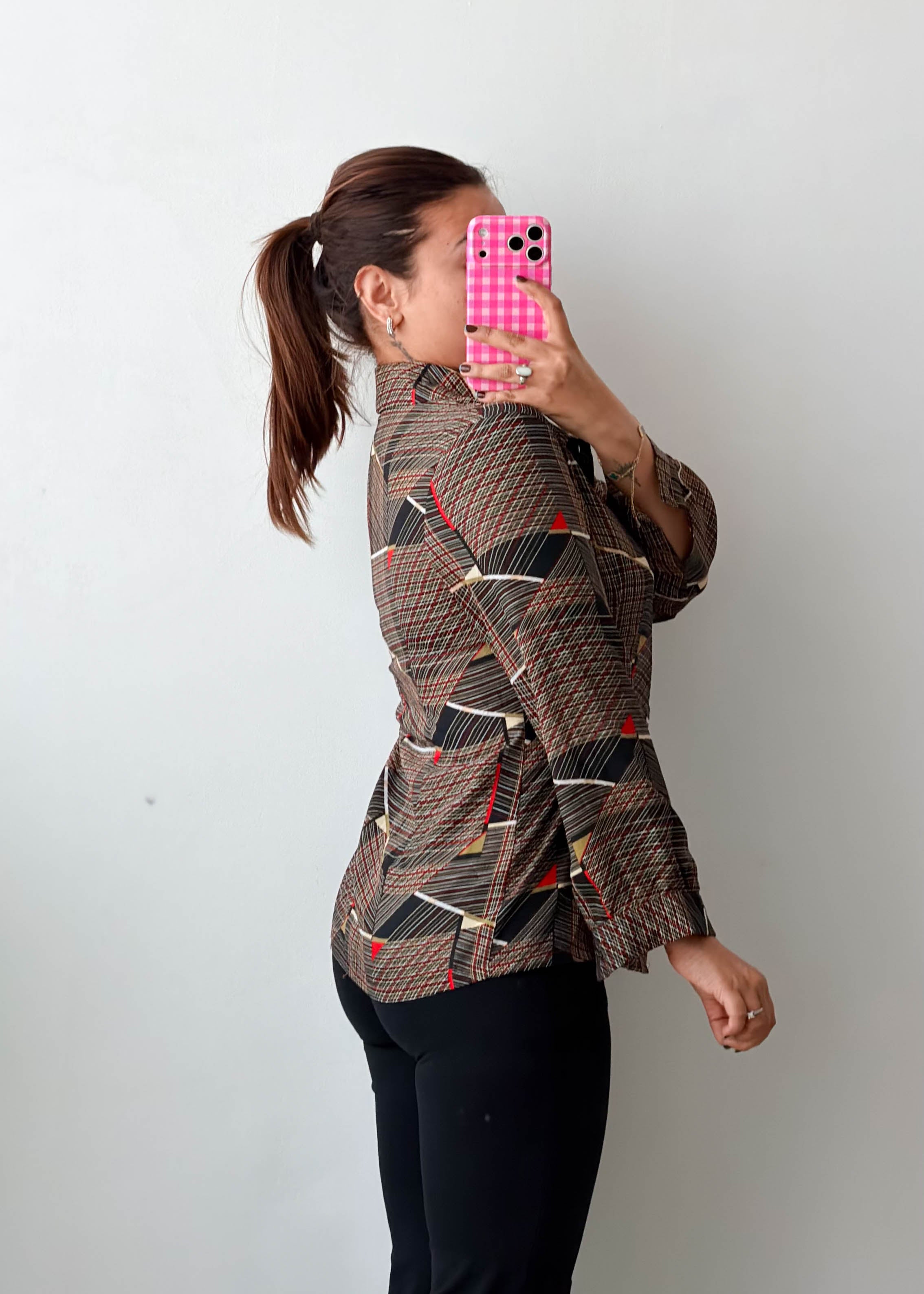 Size M Brown Geometric Checked Shirt Top