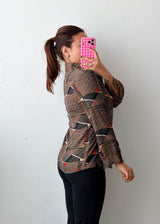 Size M Brown Geometric Checked Shirt Top