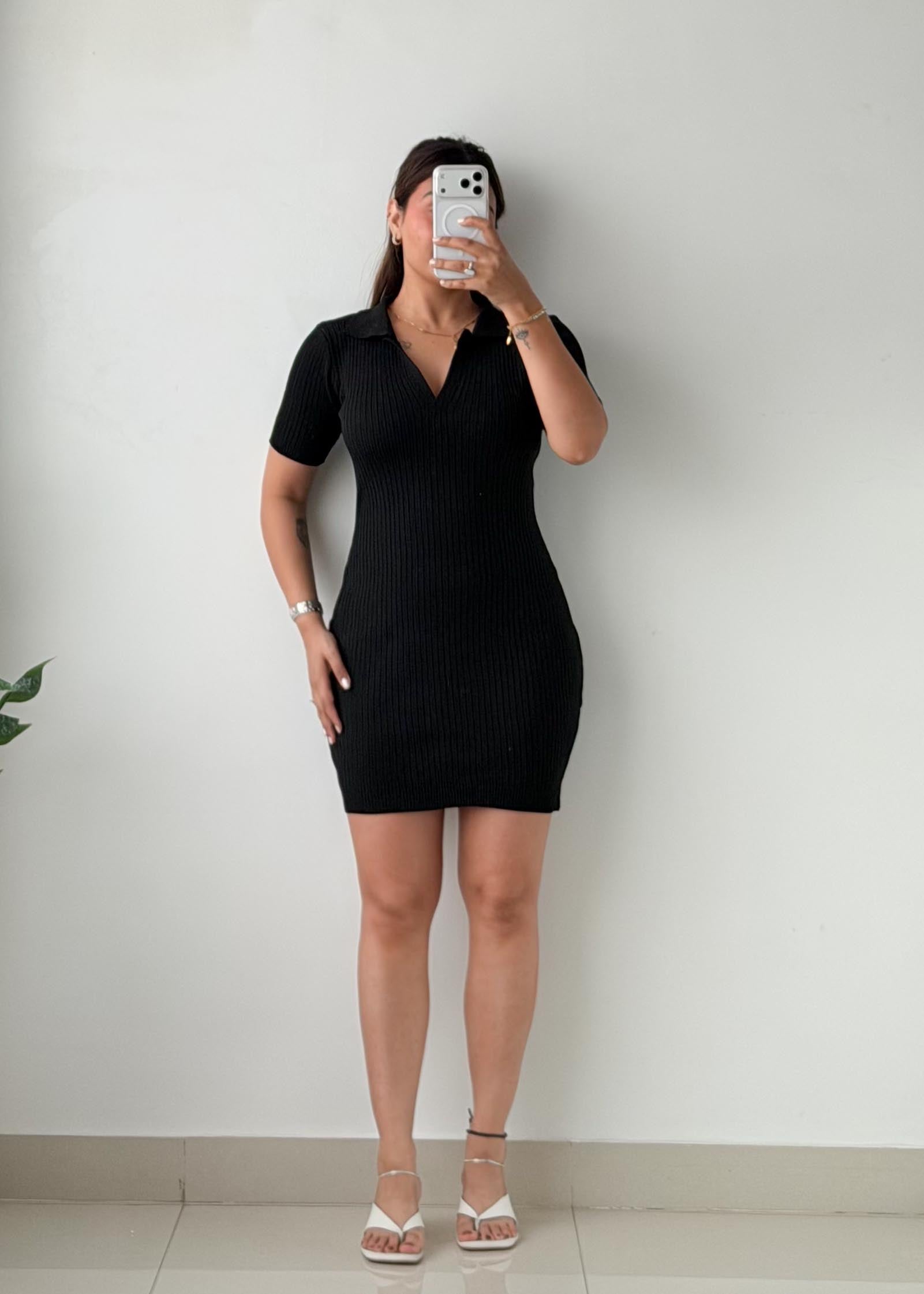 Size S-M Black Ribbed Polo Bodycon Mini Dress