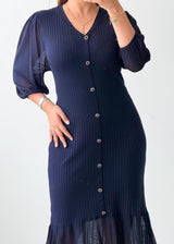 Size M-L Navy Blue Button-Front Midi Dress