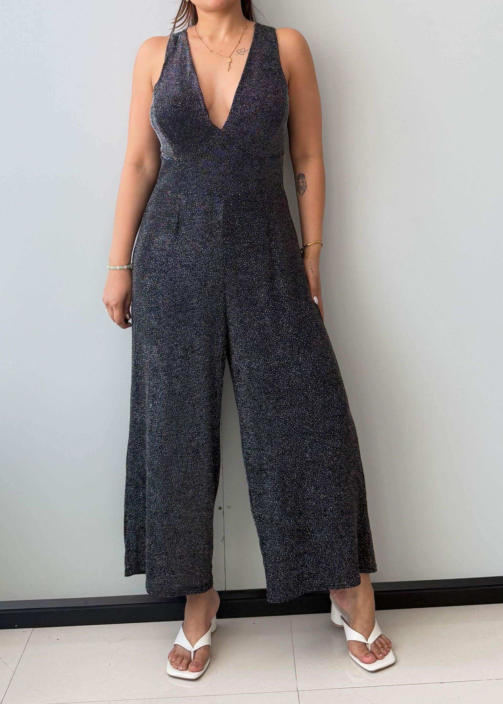 Size S-M, Deep V-Neck Wide Leg Jumpsuit - Closet by Payal