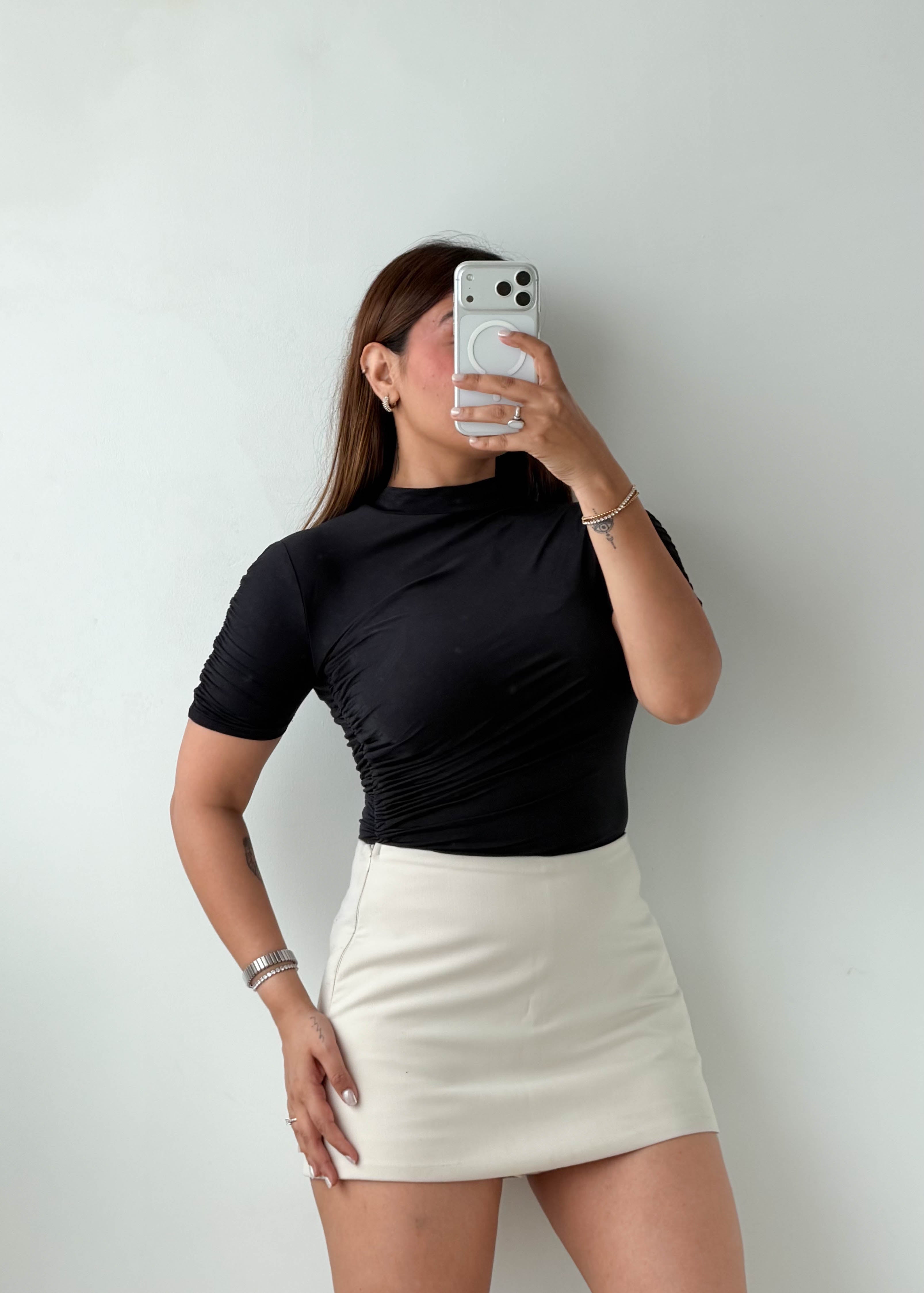 Size XS-S Black Ruched Side Bodysuit