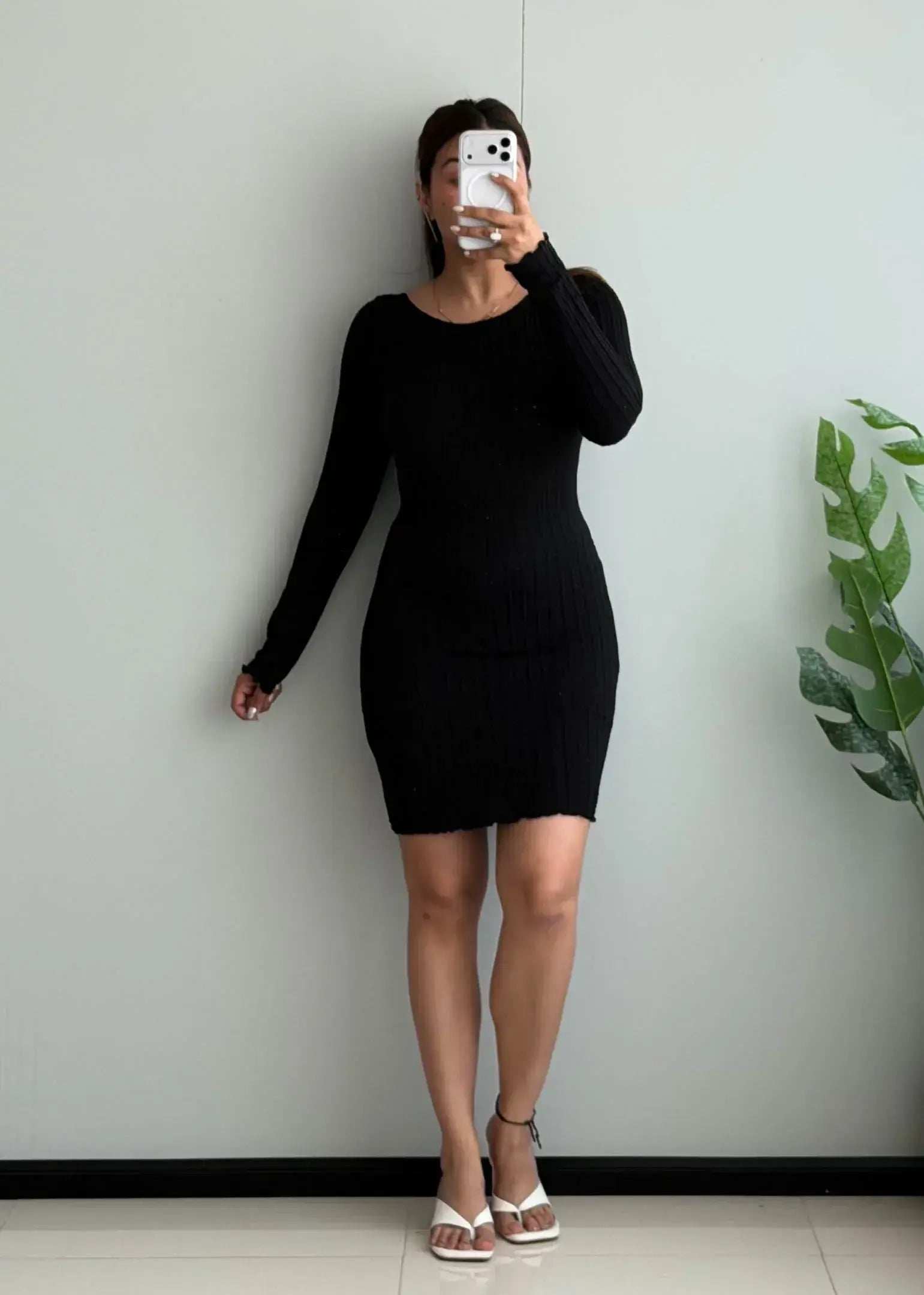 SIZE S-M, Black Ribbed Long Sleeve Mini Dress - Closet by Payal
