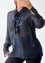 Size S-M Navy Animal Print Ruffle Blouse