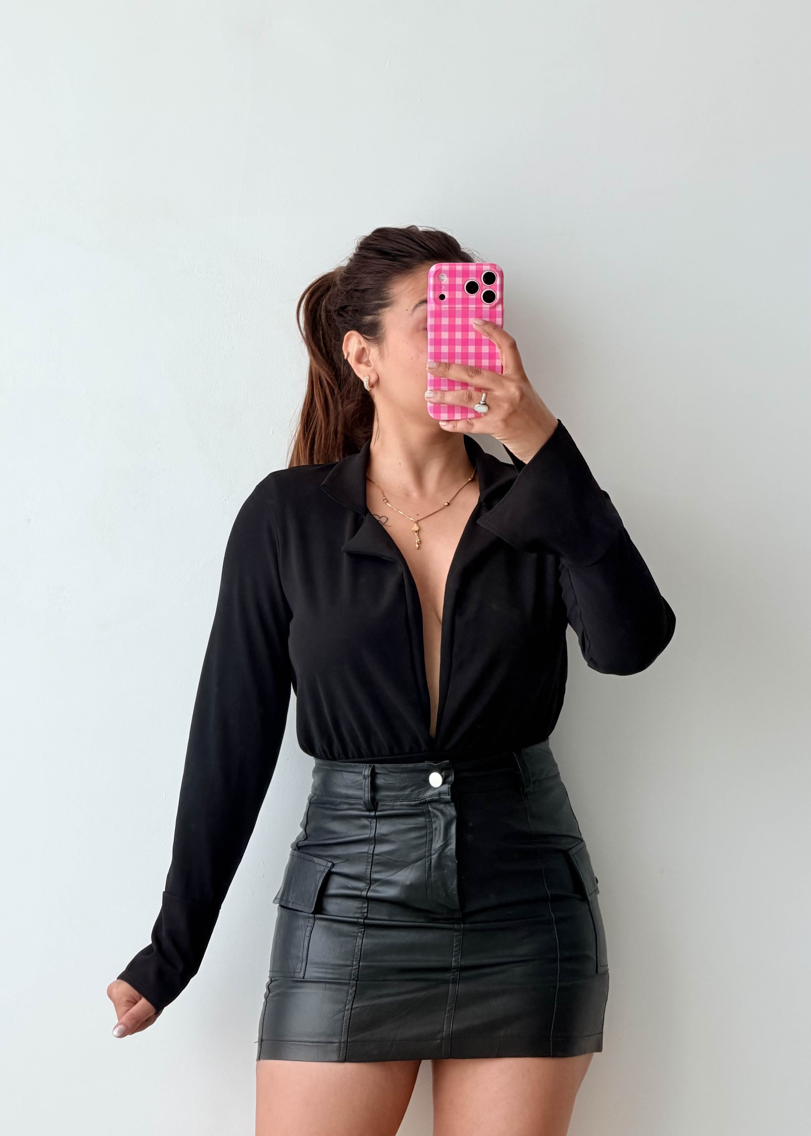 Size XS-S Black Deep Plunge Collar Bodysuit