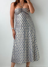 Size XS Cream Blue Printed Midi Dress