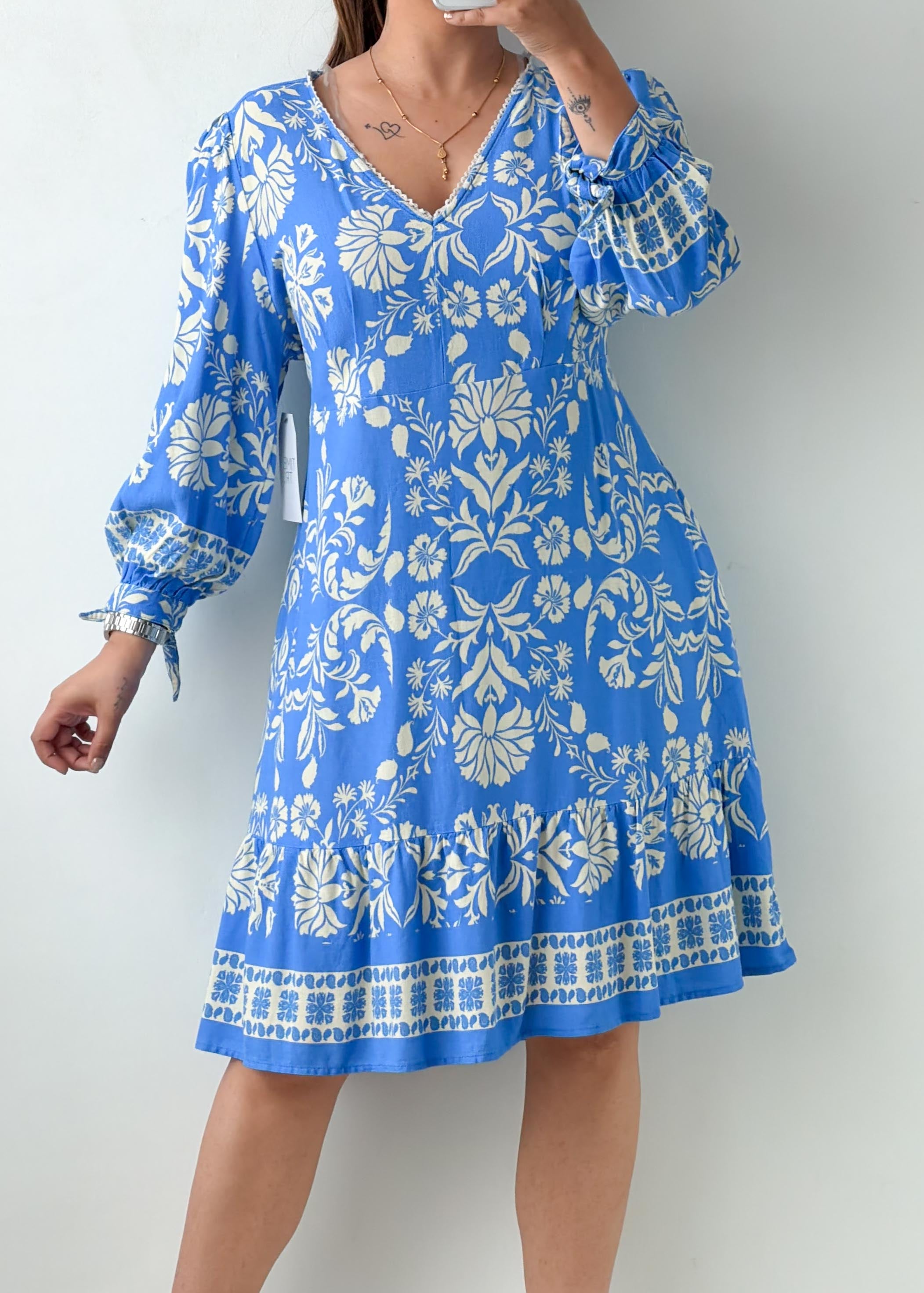 Size L & XL Blue Floral Printed Mini Dress