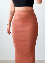 Waist 28-30 Brown Ribbed Midi Skirt