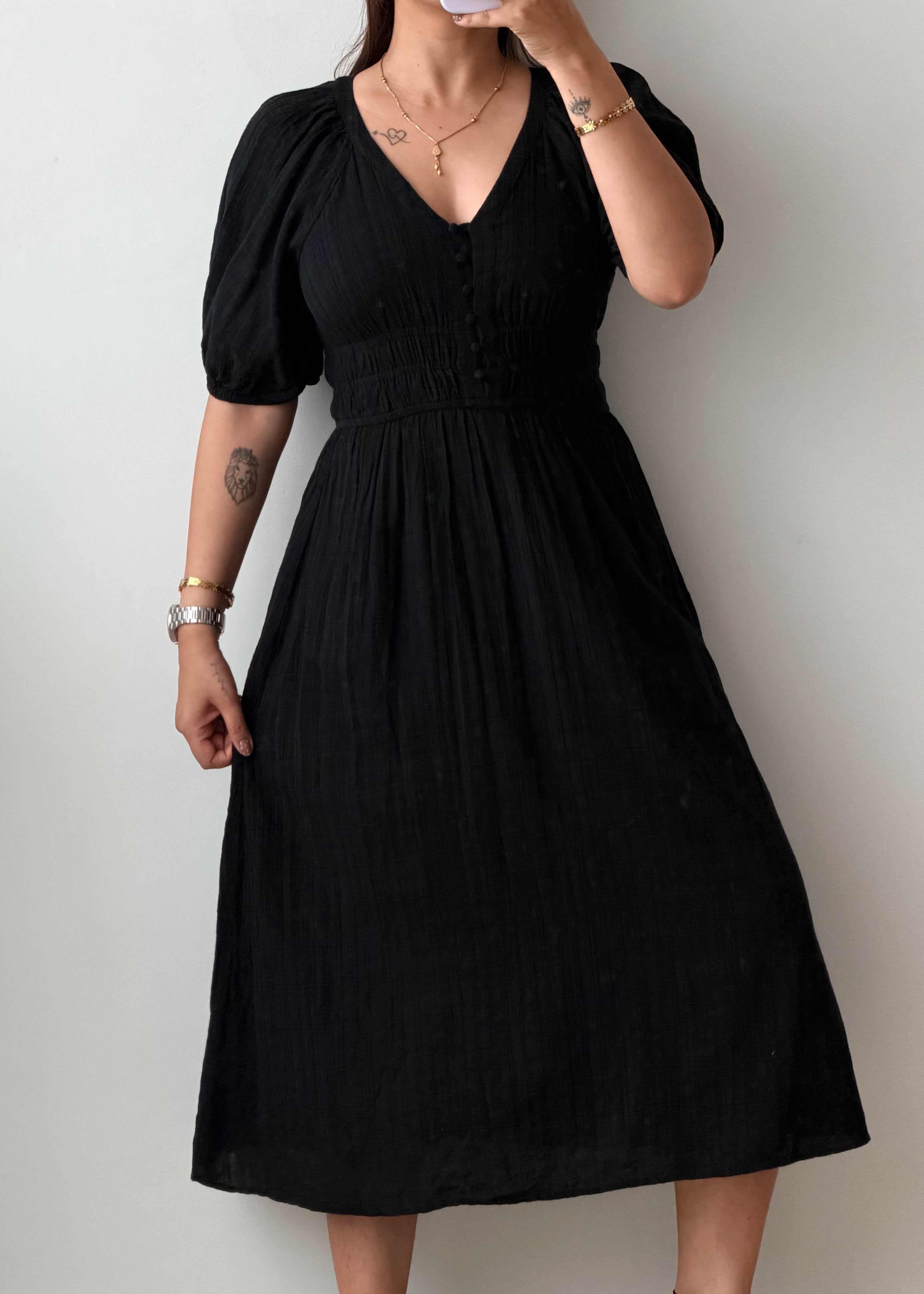 XS-S Black Puff Sleeve Midi Dress