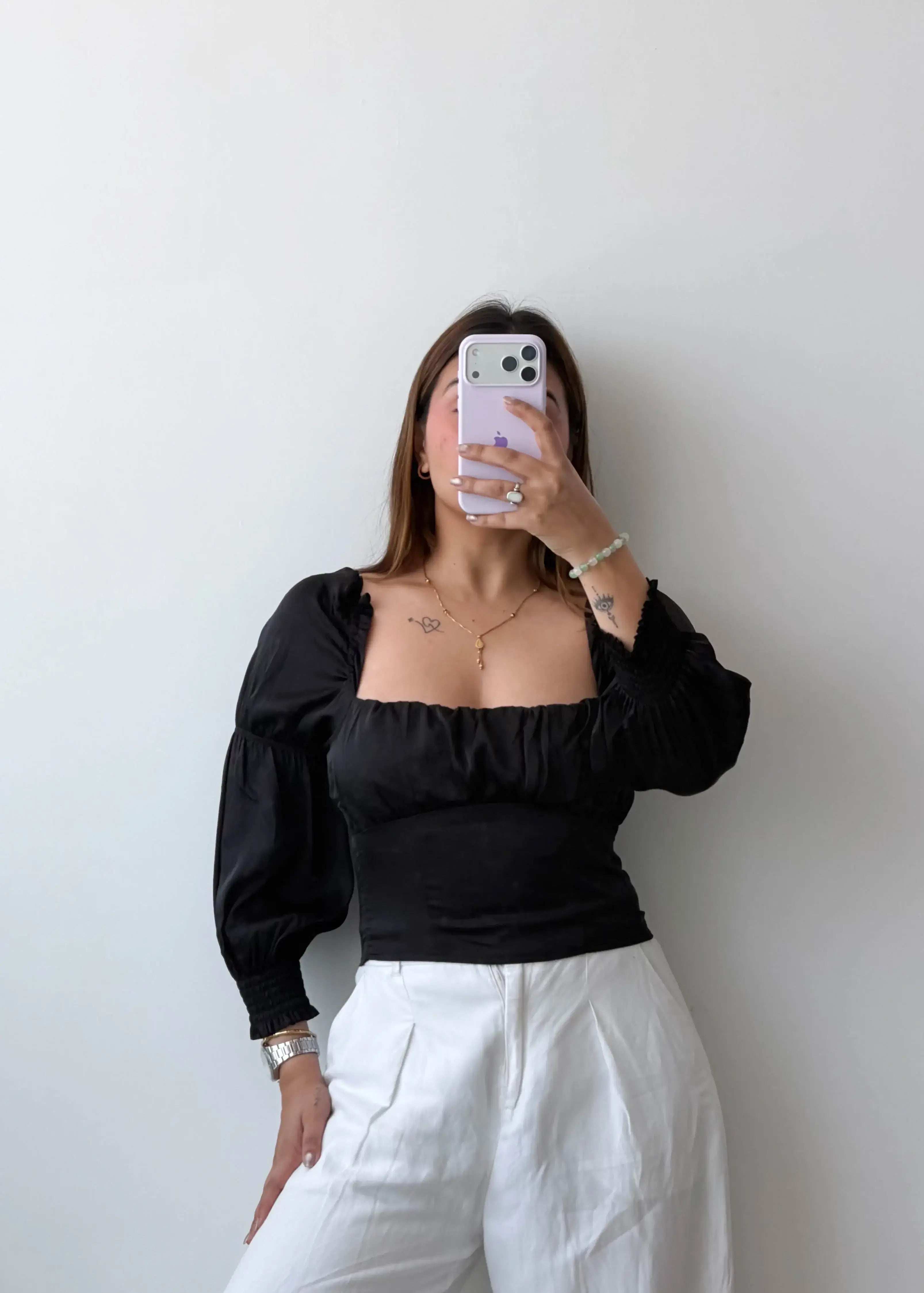 Size S Black Square Neck Puff Sleeve Top