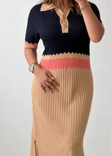 Size M-L Black Colorblock Ribbed Knit Midi Dress