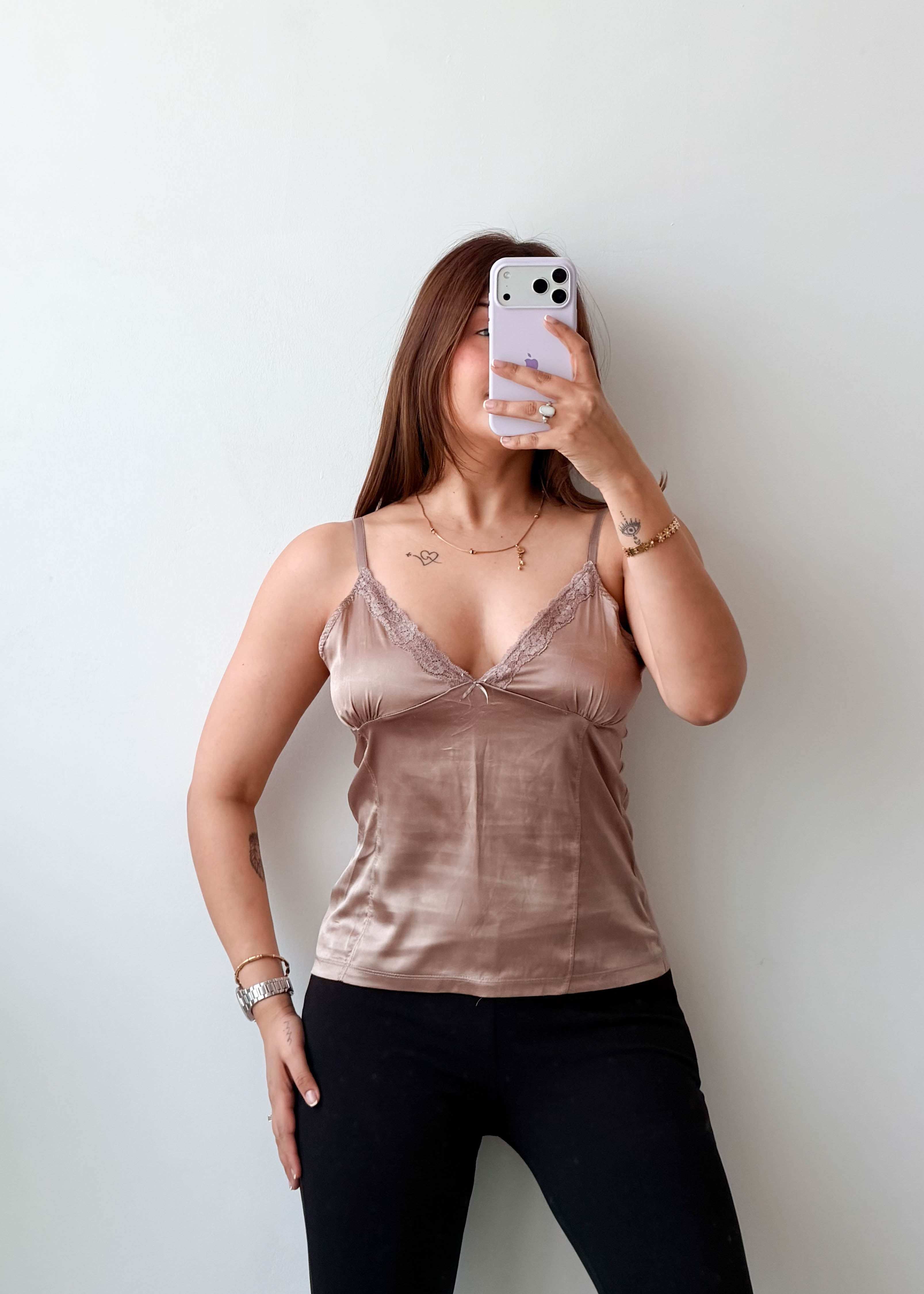 Size S Taupe Satin Lace Cami Top