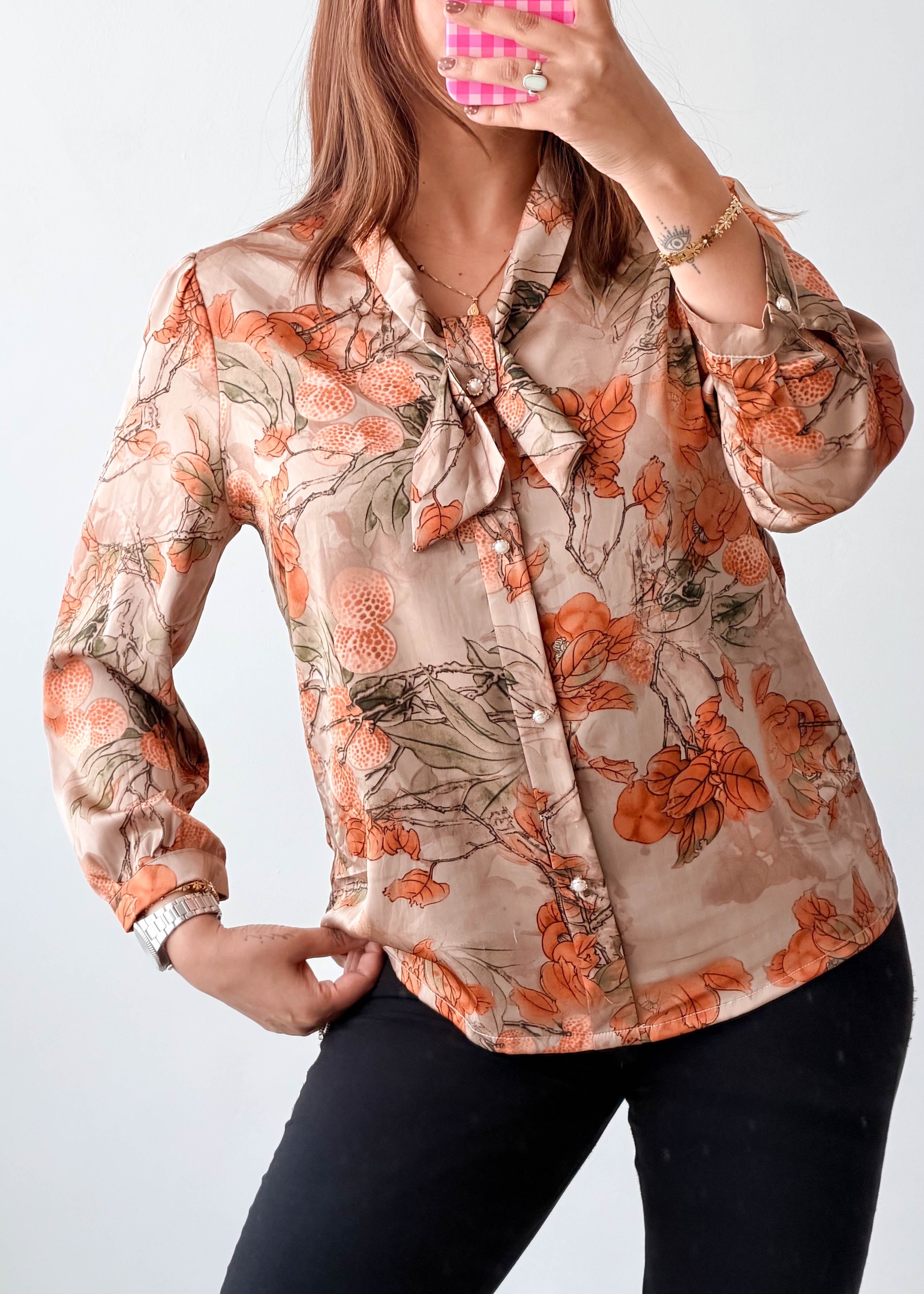 Size S-M Beige Orange Floral Tie-Neck Blouse